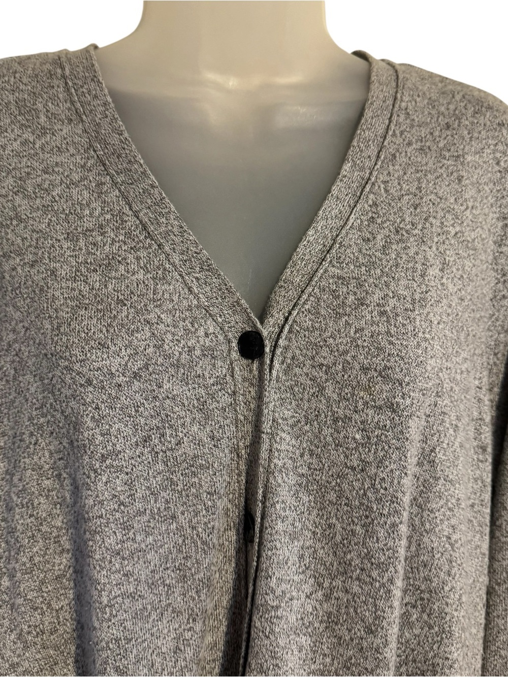 LOGO  Gray Button Front Cardigan with Cream Lace Trim Linen Blend - Picture 2 of 12